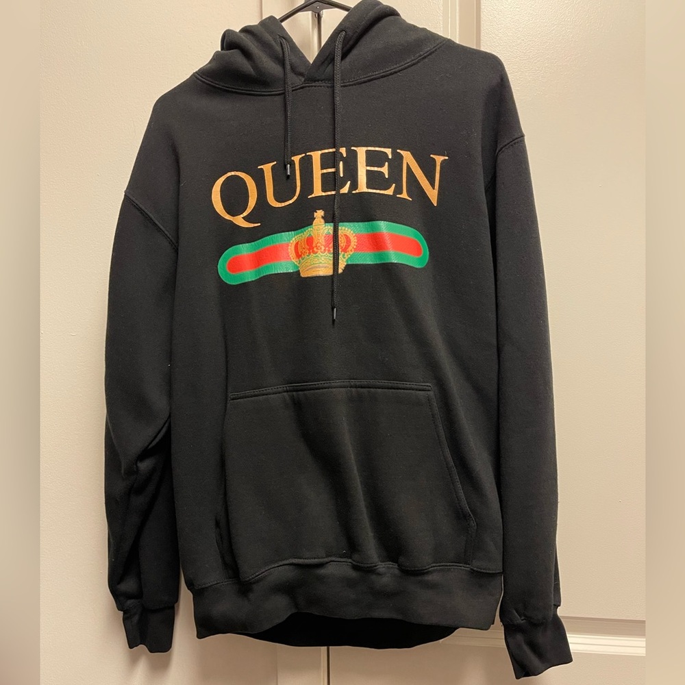 Black Pullover Hoodie with Queen and Crown Size Medium
